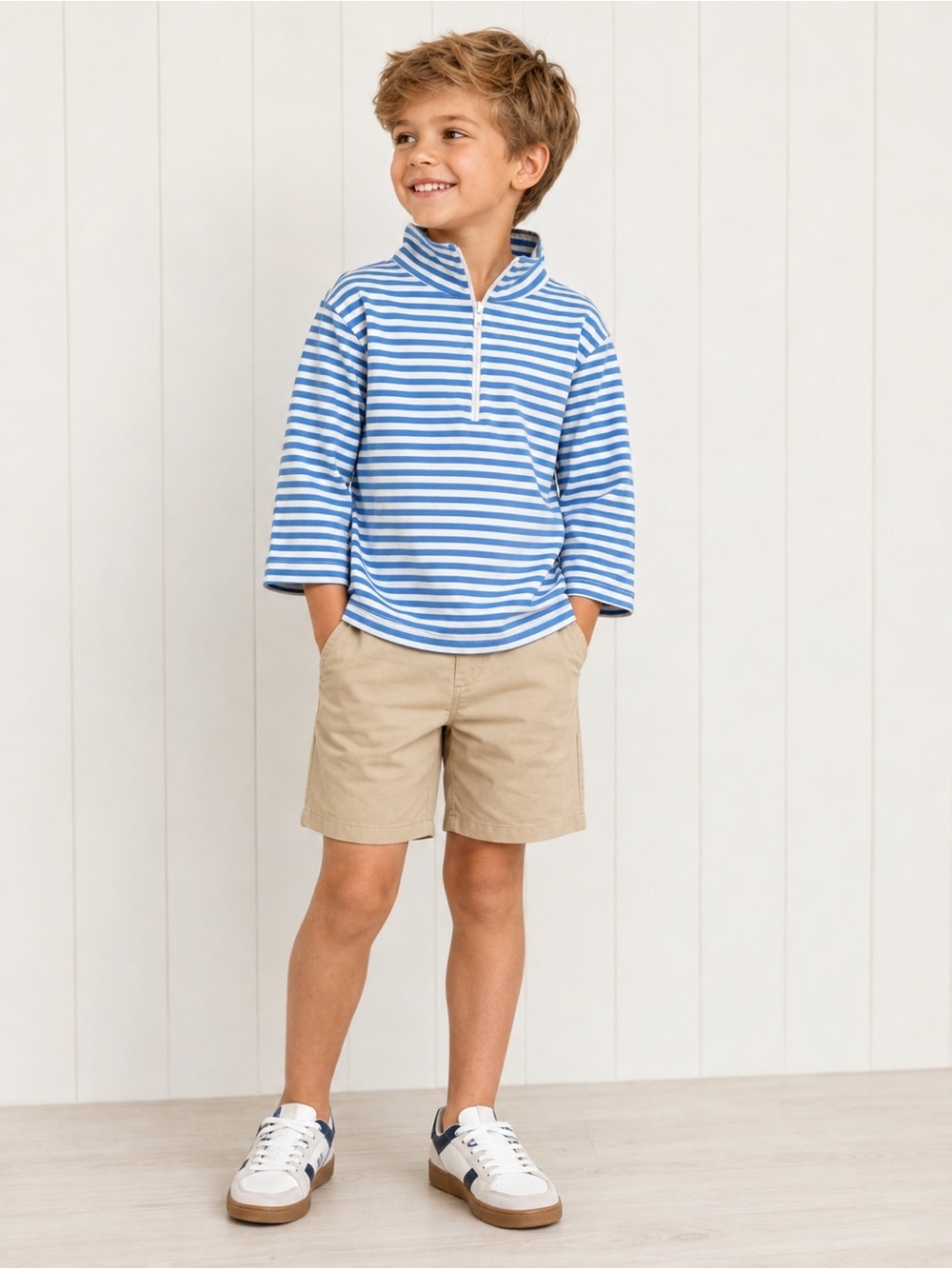Blue & White Striped Kids Swim Top with Quarter Zip